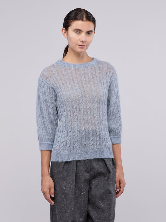 Soft mohair cable knit sweater with 3/4 sleeves stone 260n21_n_fw26-5_534sto