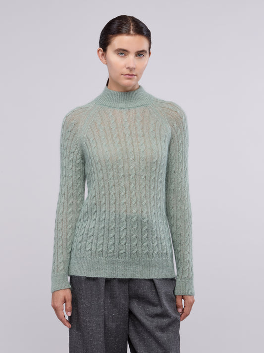 Soft mohair cable knit sweater with 3/4 sleeves green 260n21_n_fw26-5_j75gre