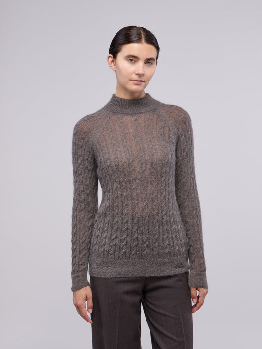 Soft mohair cable knit mock neck with raglan sleeves marrone 260n23_n_fw26-5_281mar