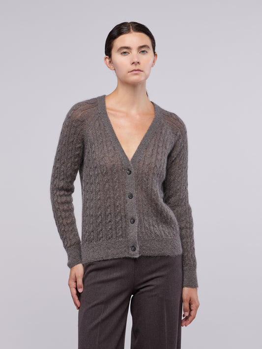 Soft mohair cable knit cardigan marrone 260n26_n_fw26-5_281mar