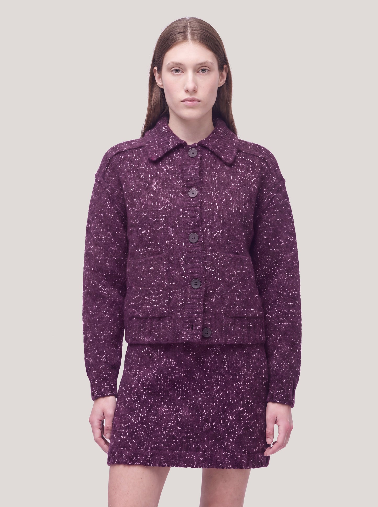 Shirt-collar jacket sweater with pockets in tricolor melange dark grape 260n55_fw2610_489dar 74732894585158