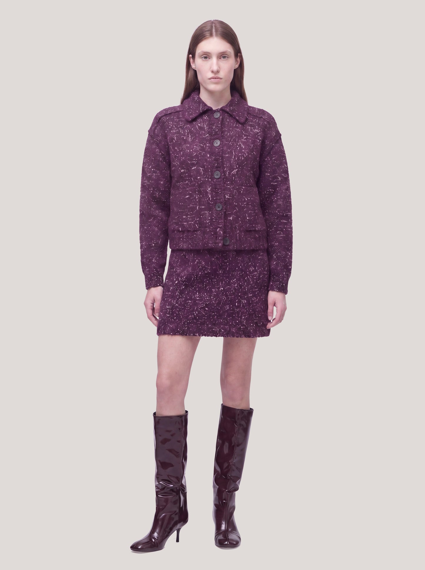Shirt-collar jacket sweater with pockets in tricolor melange dark grape 260n55_fw2610_489dar 74732894617926