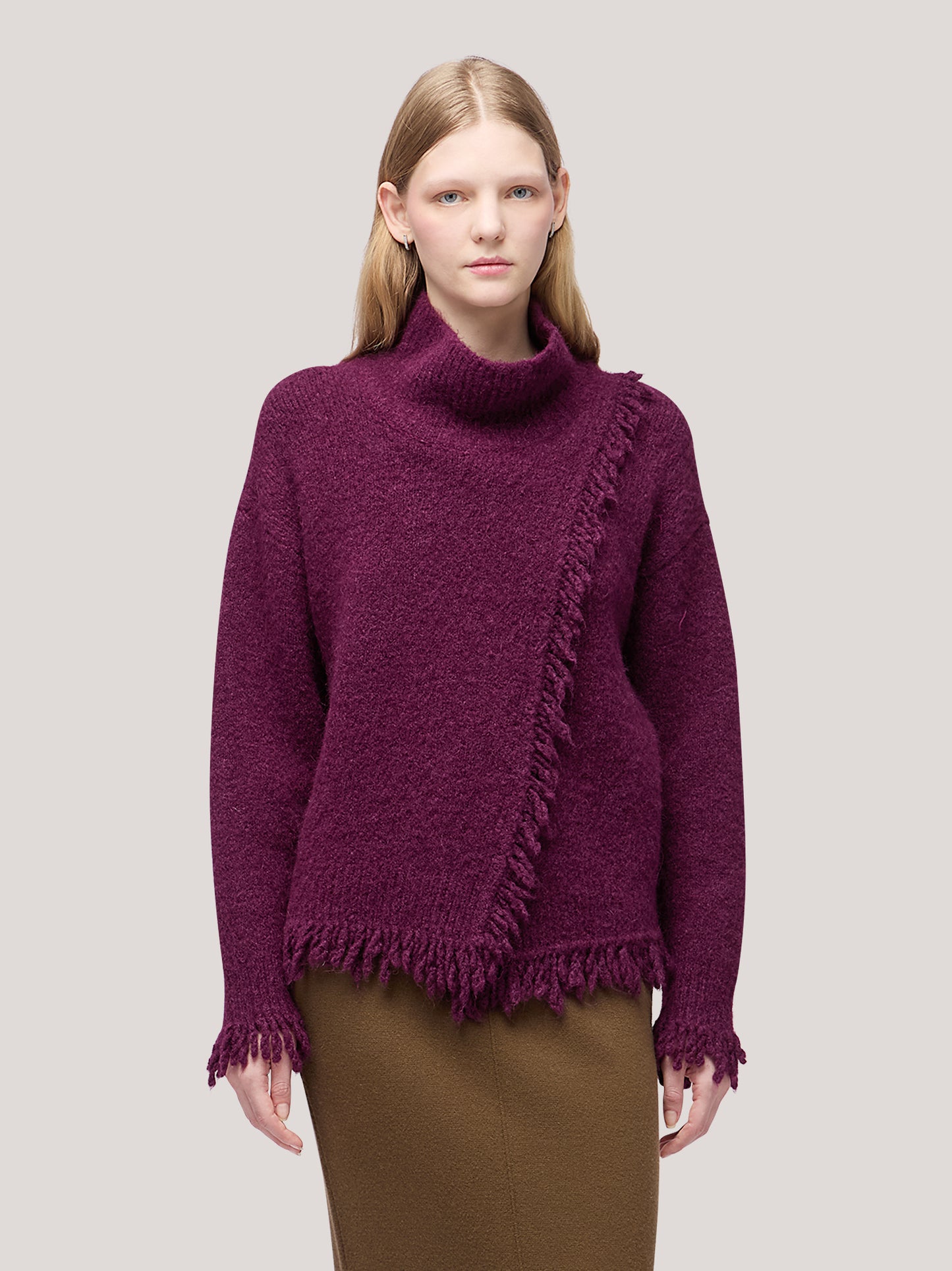 Asymmetric turtleneck sweater with fringed edges dark grape 260n73_fw26-9_489dar 74258783895878