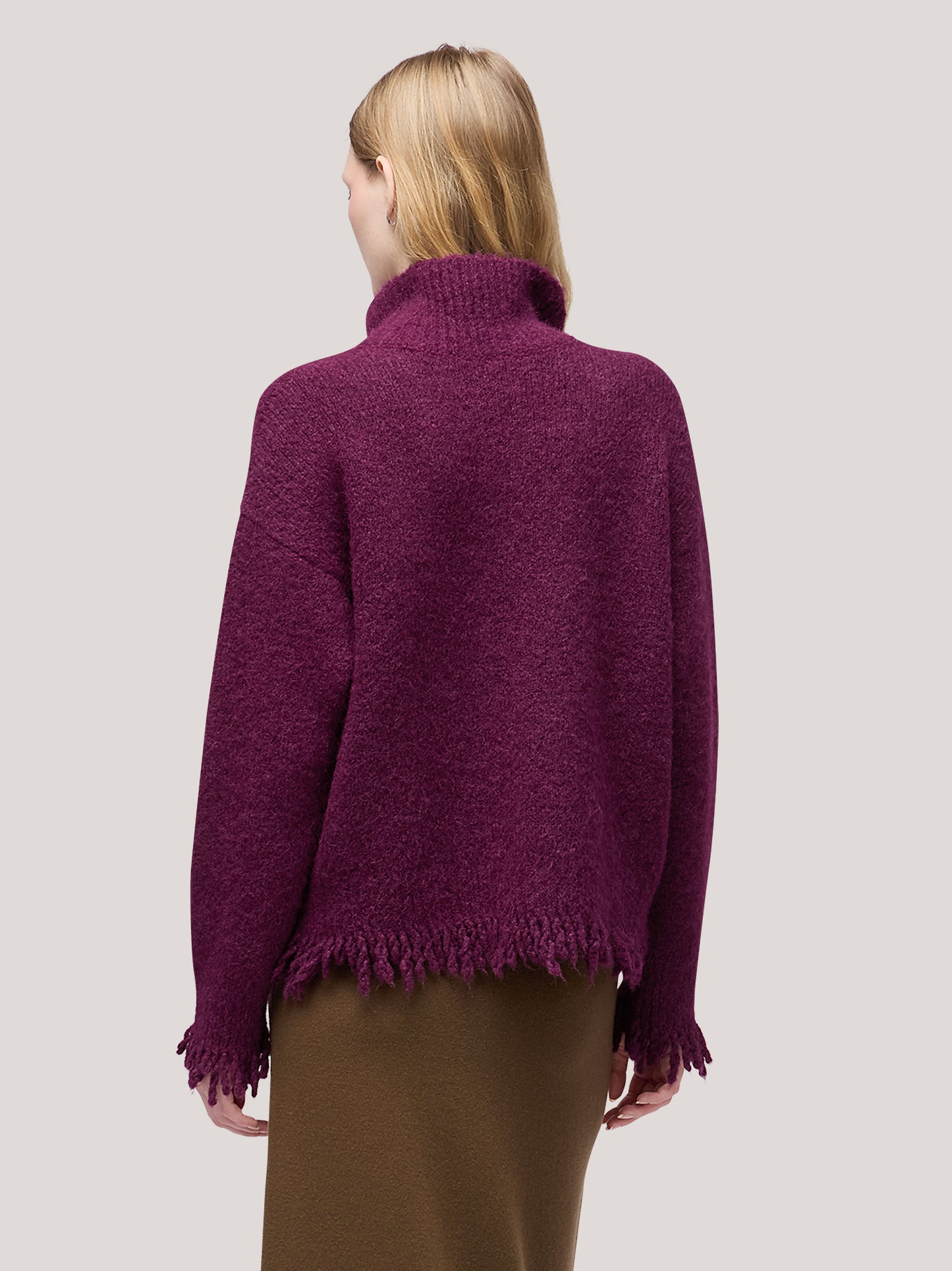 Asymmetric turtleneck sweater with fringed edges dark grape 260n73_fw26-9_489dar 74258783928646