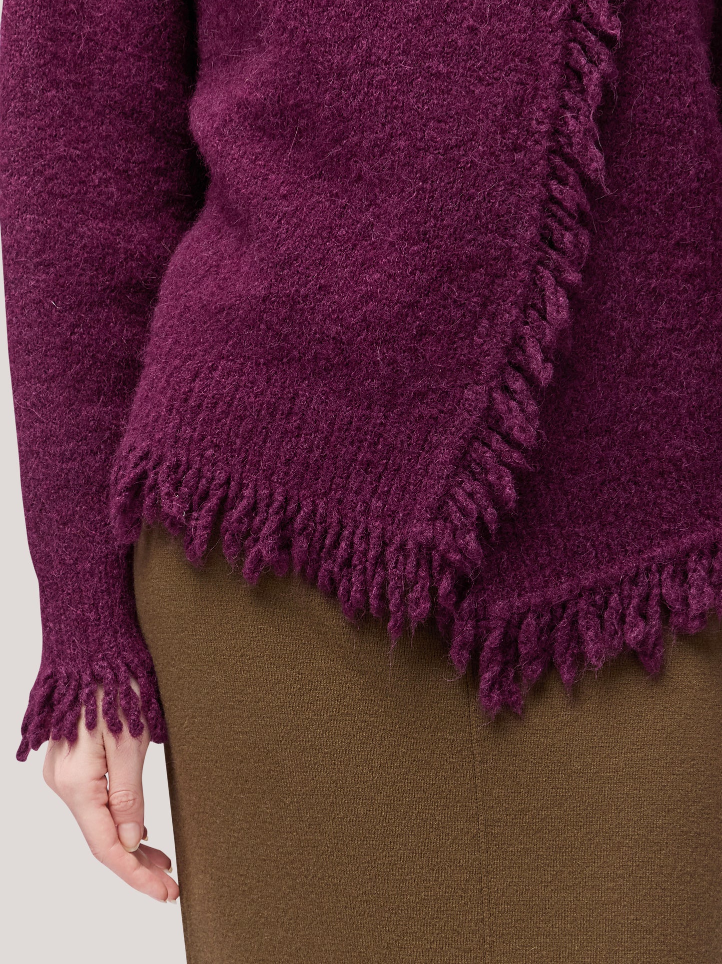 Asymmetric turtleneck sweater with fringed edges dark grape 260n73_fw26-9_489dar 74258783961414