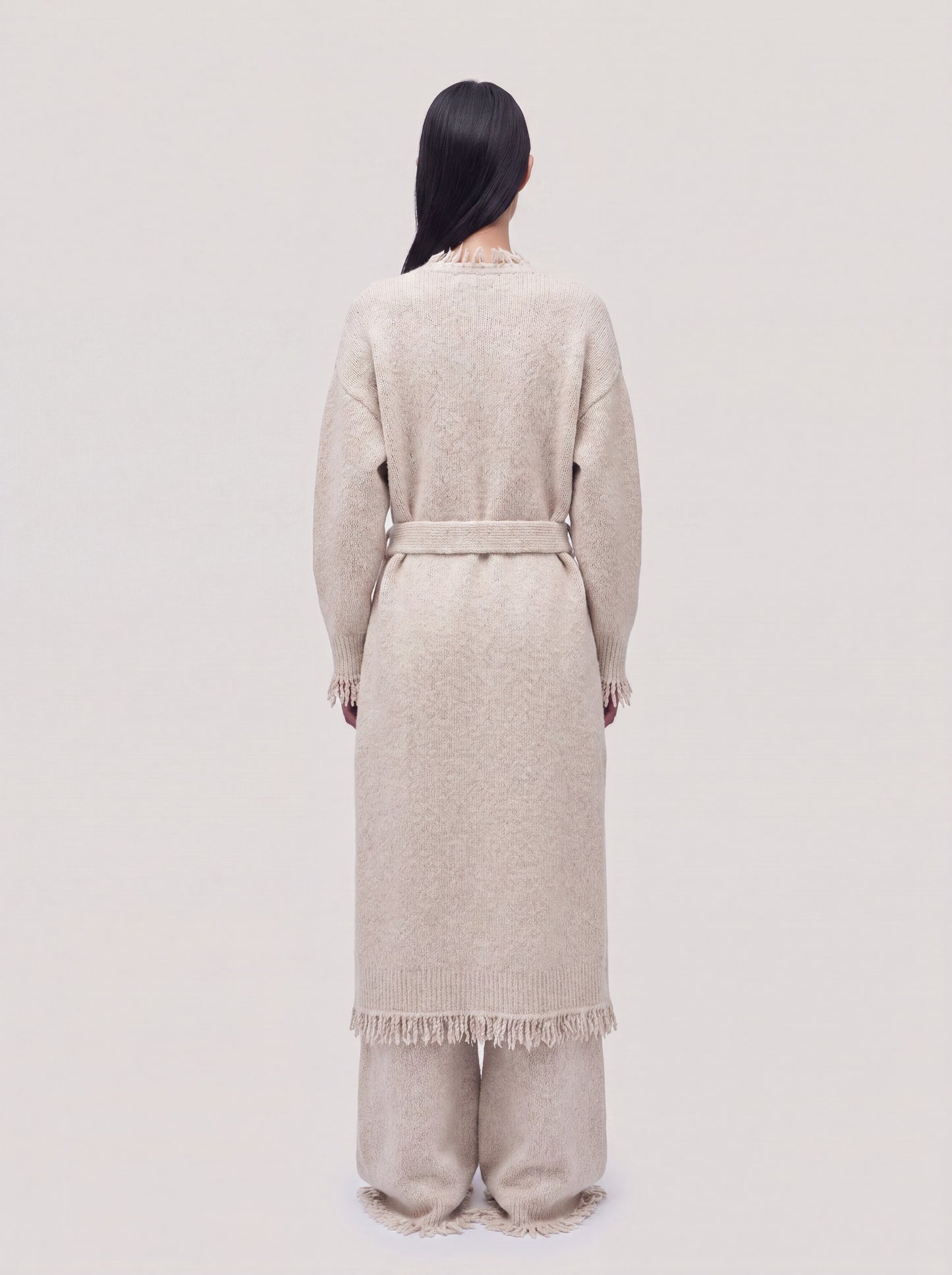 Long coat-style cardigan with fringed edges and belt beige 260n75_fw26-9_291bei 74733633929542