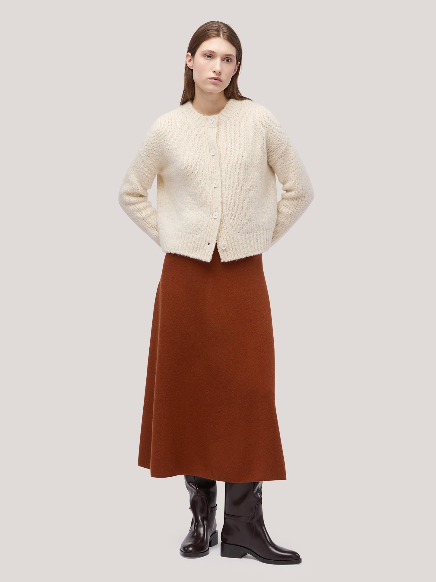 Long flared skirt in Milano stitch knit volcano 260r22_fw26-7_104vul 74751662358854