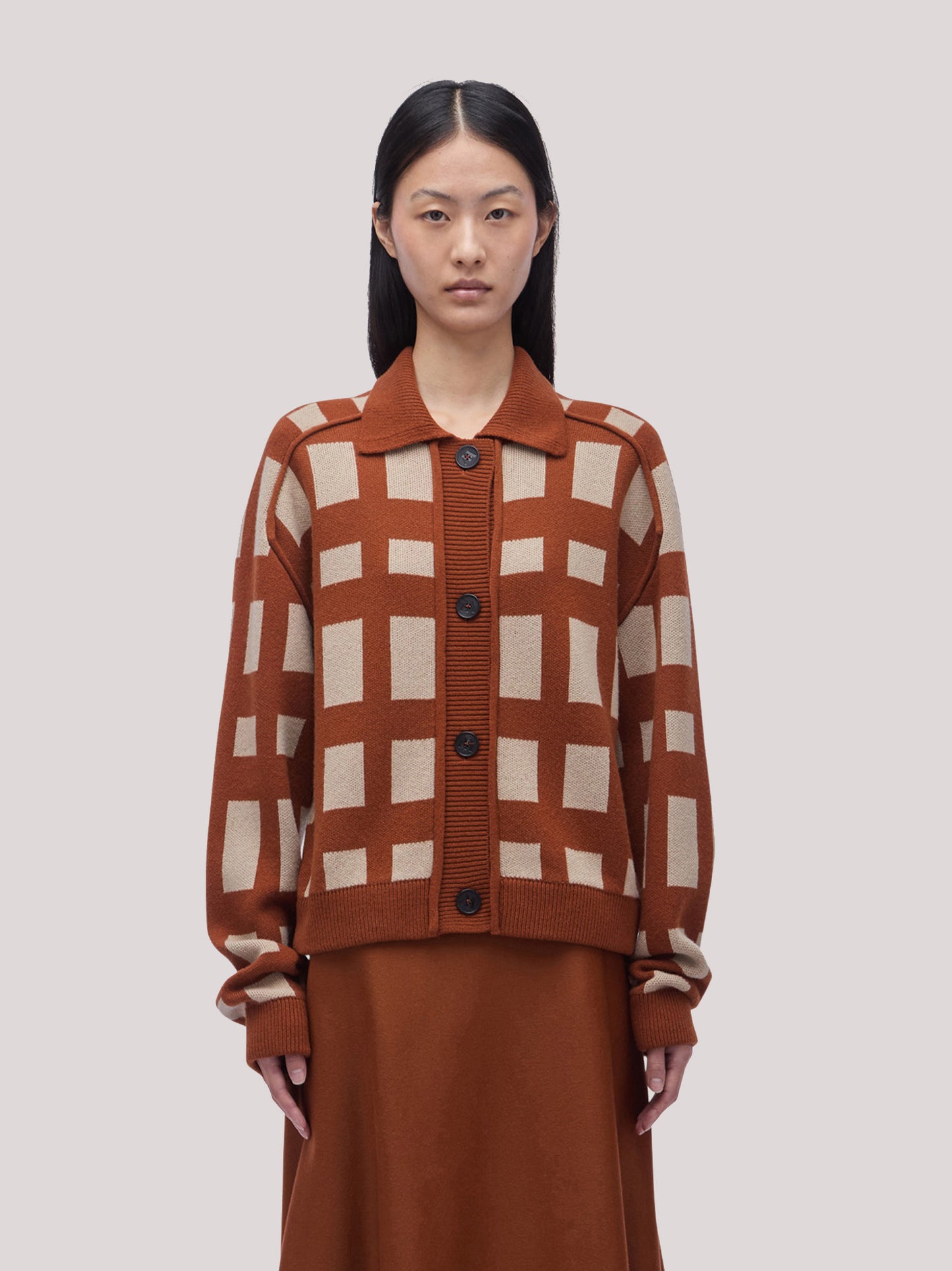 Shirt-collar jacket sweater in Tartan jacquard dune volcano 260r30_fw2613_104dun 74753332674886