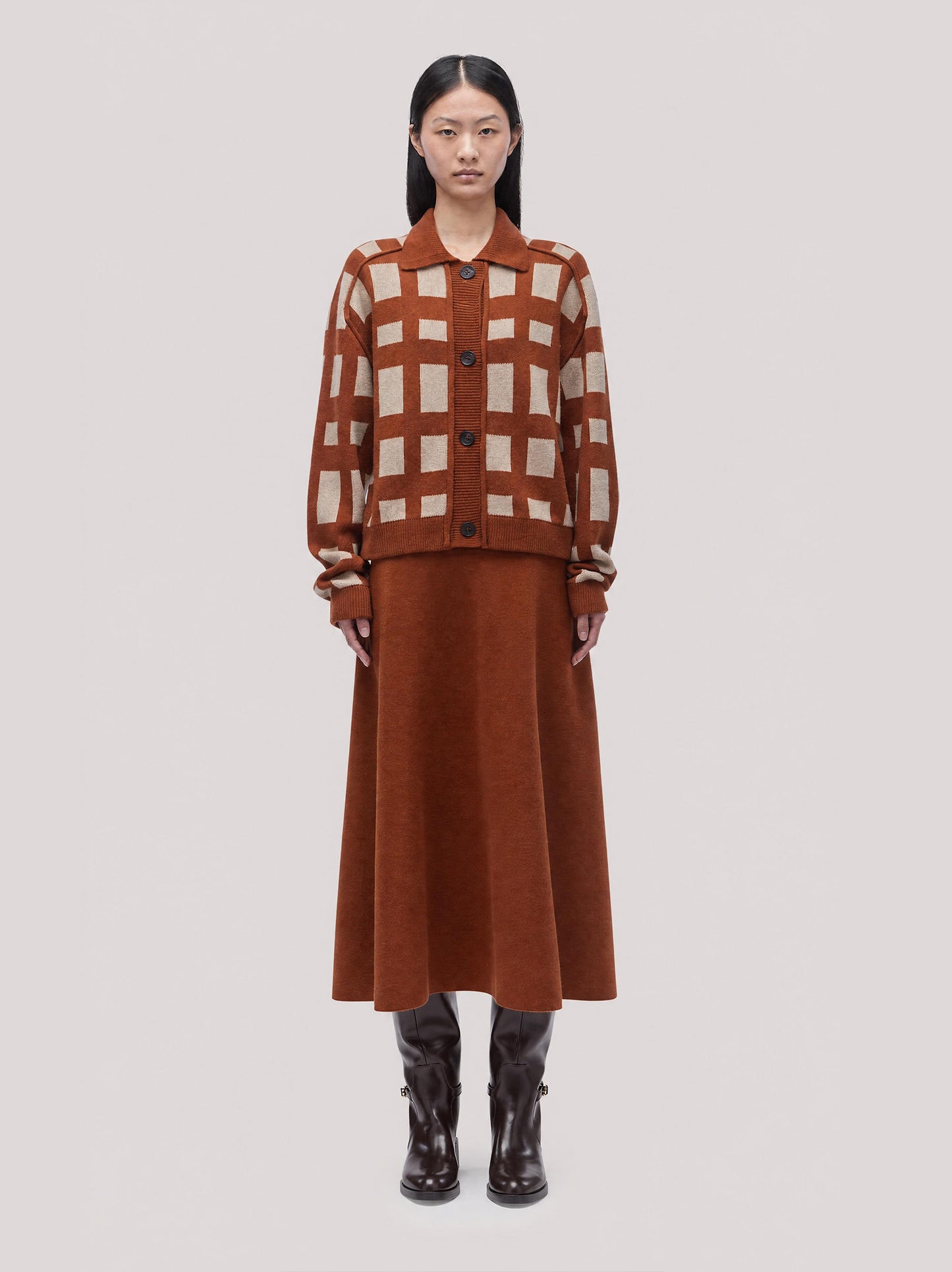 Shirt-collar jacket sweater in Tartan jacquard dune volcano 260r30_fw2613_104dun 74753369801030