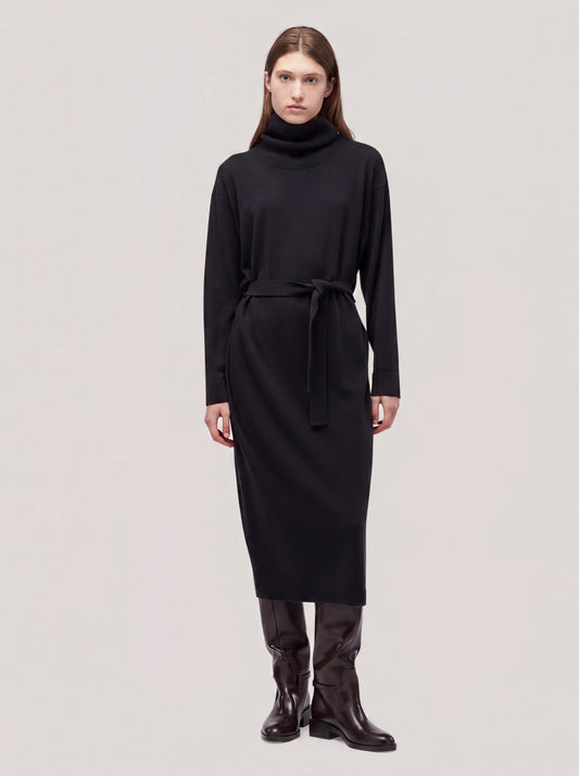 Abito collo alto manica lunga, cintura, Essential Lana Cashmere black 260r80_n_fw26-7_096bla
