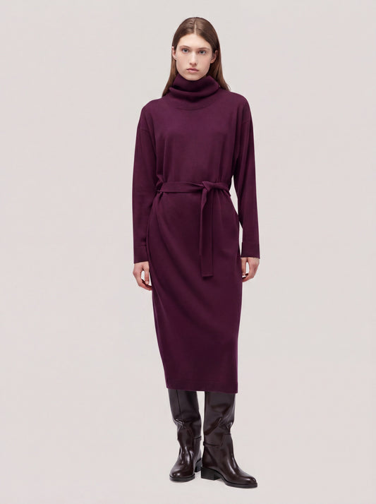 Abito collo alto manica lunga, cintura, Essential Lana Cashmere dark grape lk 260r80_n_fw26-7_489dgr