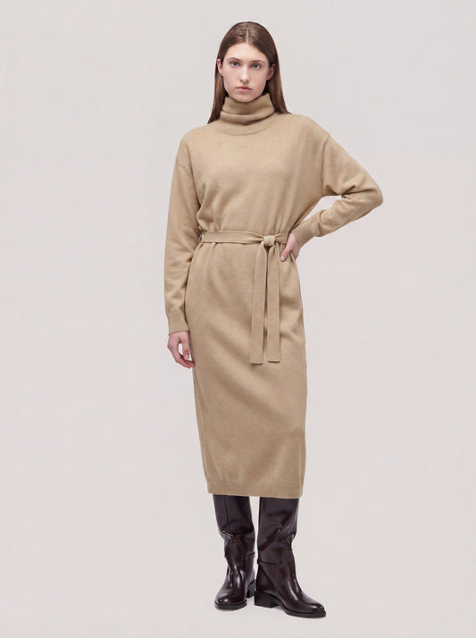 Abito collo alto manica lunga, cintura, Essential Lana Cashmere duna 260r80_n_fw26-7_999dun
