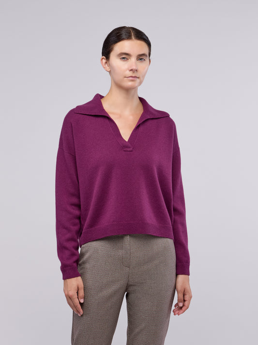 Maglia polo senza bottoni manica lunga, Essential Lana Cashmere dark grape lk 260r81_n_fw26-7_489dgr