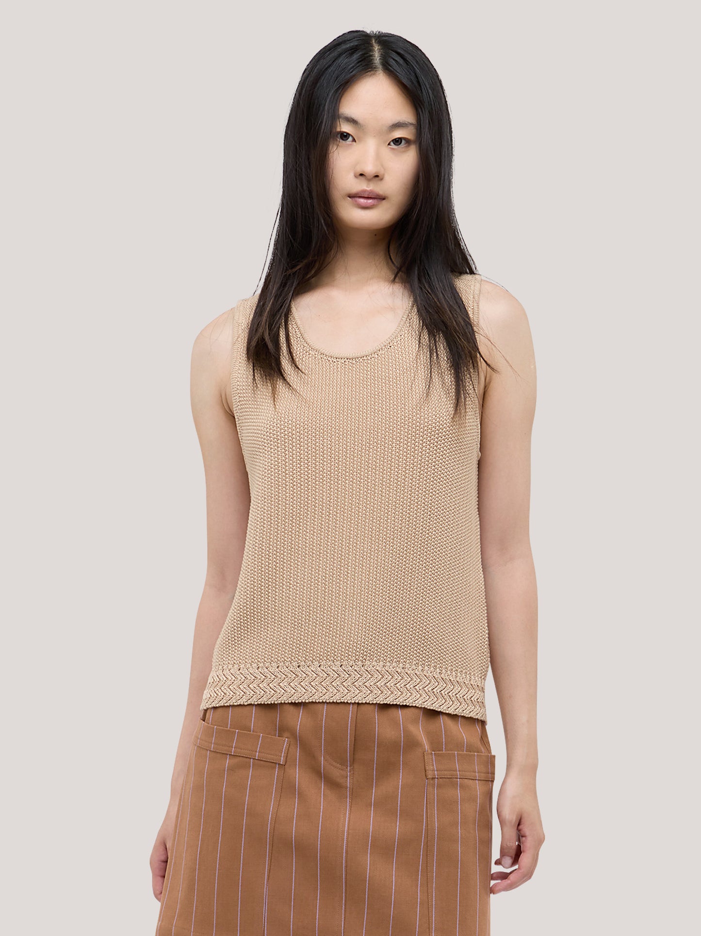 Maglia smanicata paricollo in cotone, punro riso beige 260u50_ss262b_291bei 71501773865286