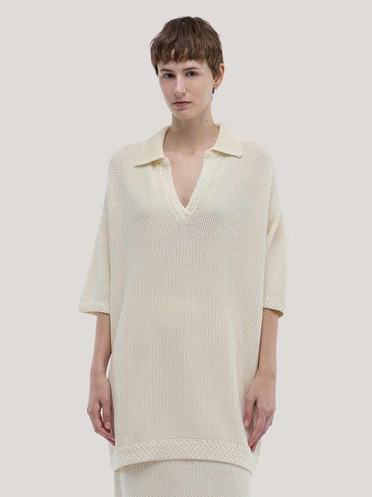 Maglia lunga in cotone con collo polo aperto - Maglia lunga in cotone con collo polo aperto alt - 002