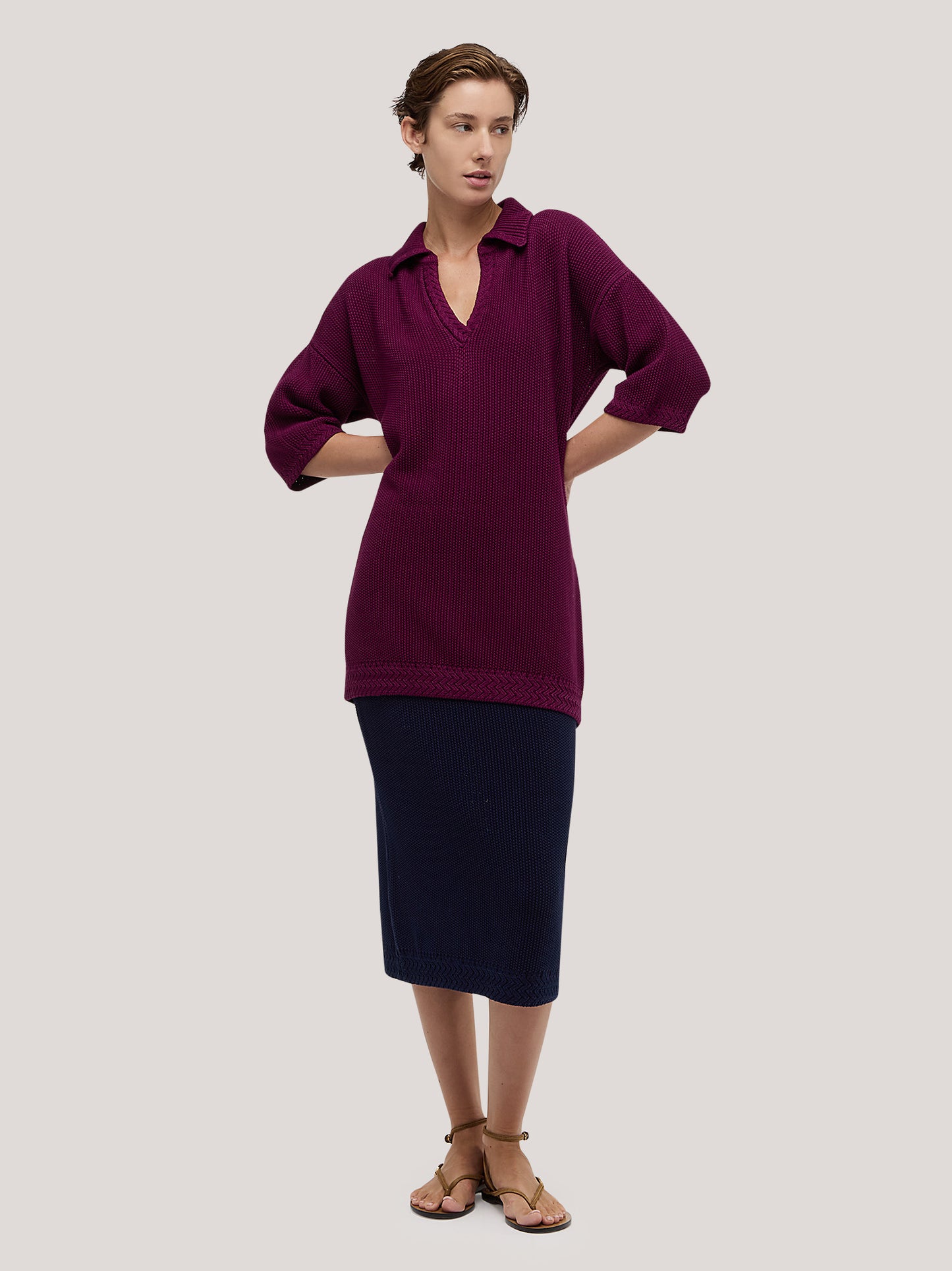 Maglia lunga in cotone con collo polo aperto dark grape 260u51_ss262b_489dgr 71613395468614
