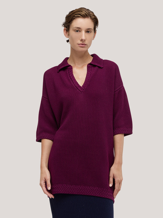 Maglia lunga in cotone con collo polo aperto - Maglia lunga in cotone con collo polo aperto alt - 002