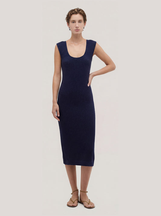 Abito smanicato in cotone a punto riso con scollo ampio blu navy 260u52_ss262b_u01blu