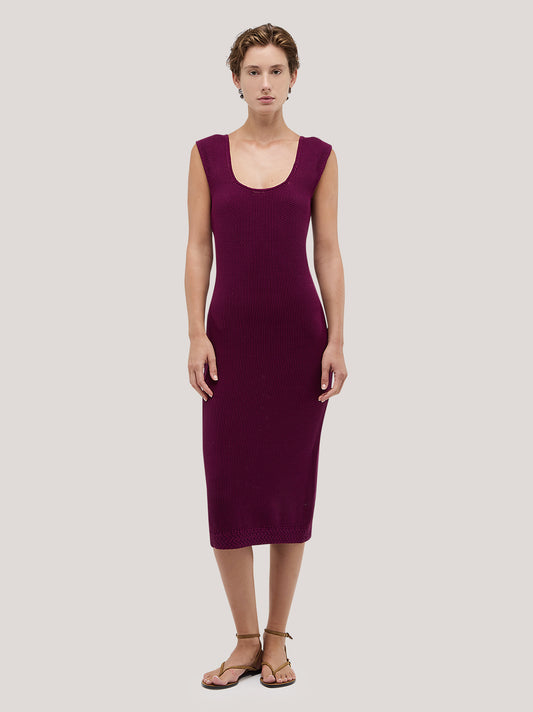 Abito smanicato in cotone a punto riso con scollo ampio - Abito smanicato in cotone a punto riso con scollo ampio alt - 002