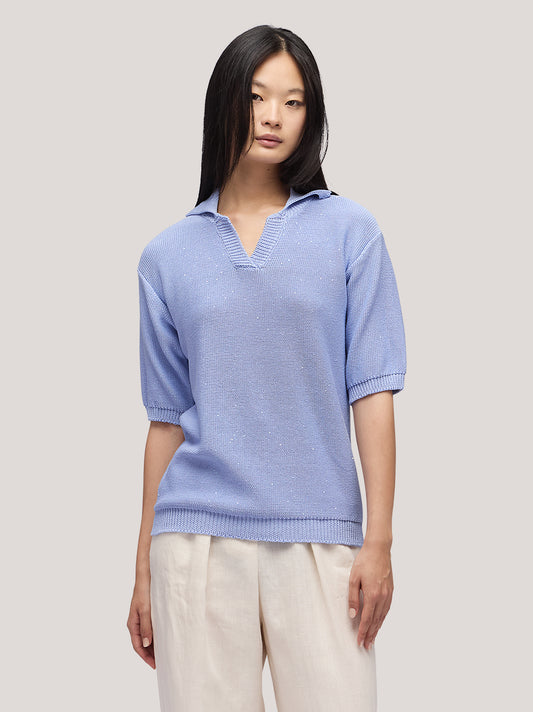 Maglia polo aperta manica corta, lavorazione rasata con paillettes j33 light blue 260v81_n_ss26tc_001lbl