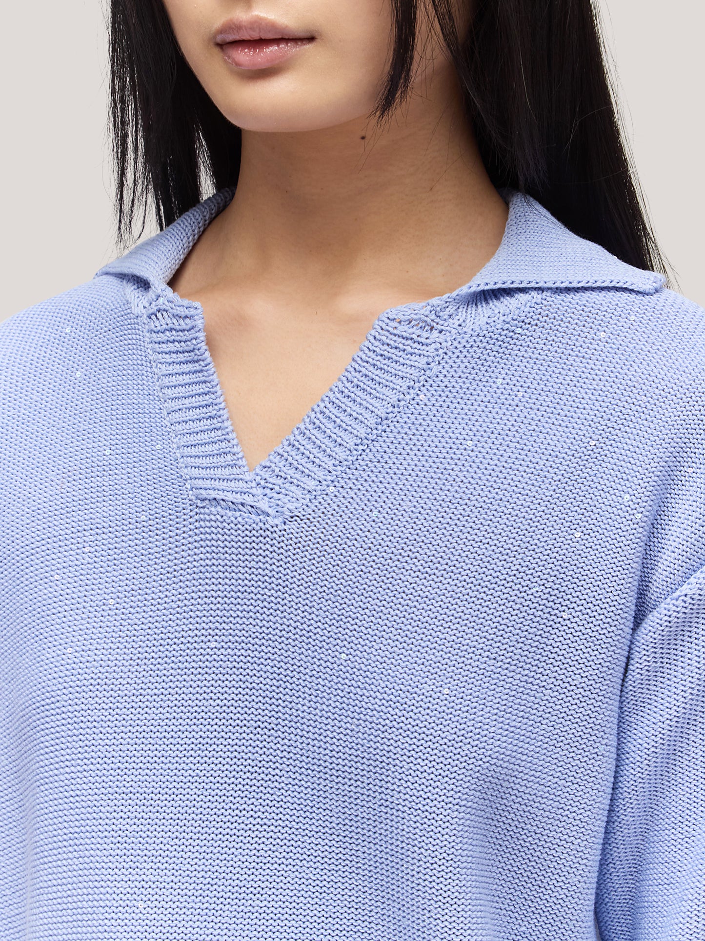 Open polo in cotton, short sleeves, plain knit with sequins j33 light blue 260v81_n_ss26tc_001lbl 73480219885894