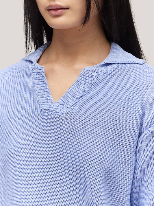 Maglia polo aperta manica corta, lavorazione rasata con paillettes - Maglia polo aperta manica corta, lavorazione rasata con paillettes alt - 002