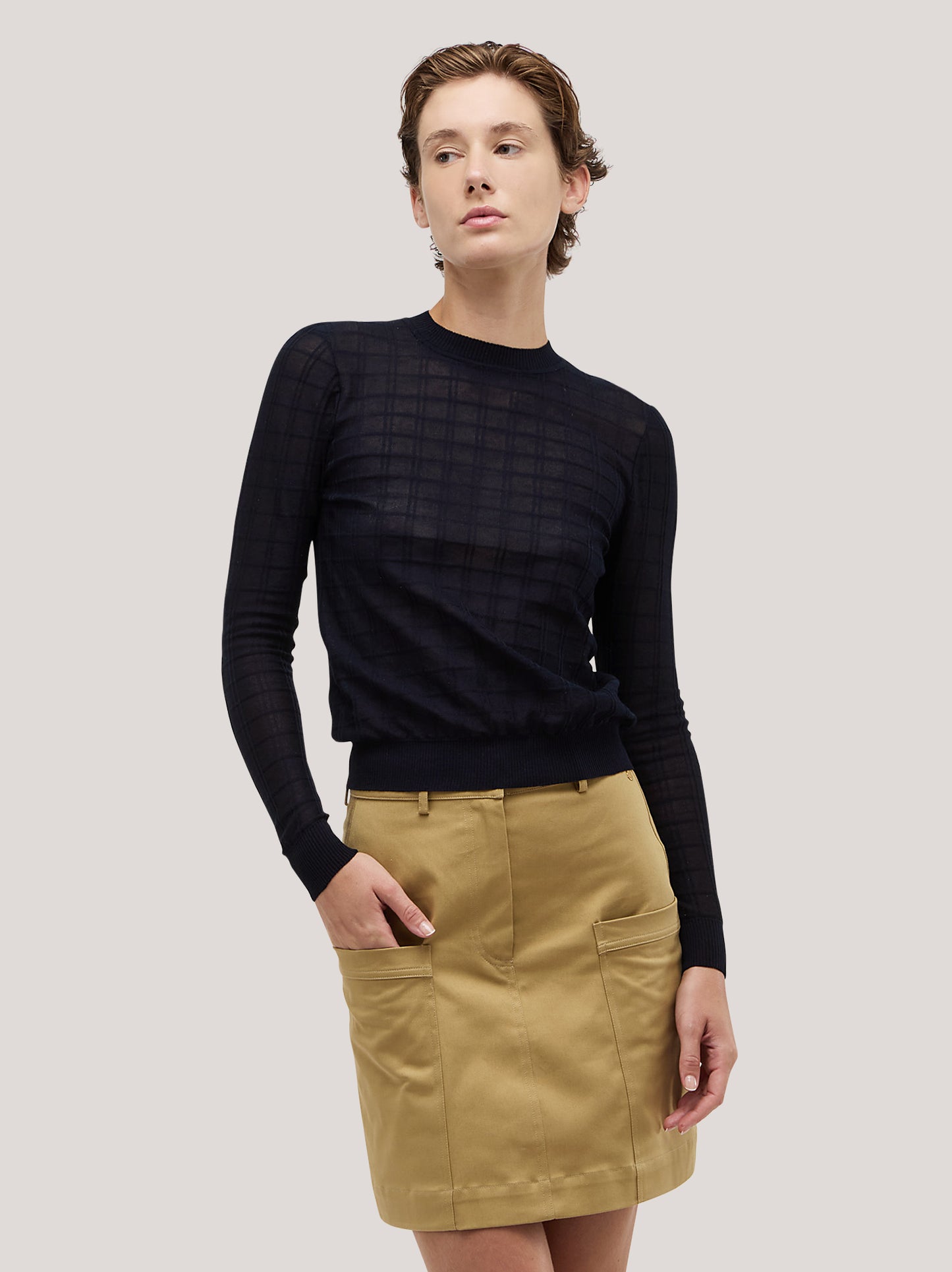 Maglia girocollo a manica lunga in cotone con quadrillage trasparente blu navy 260w06_ss262c_u01blu 72835647045958