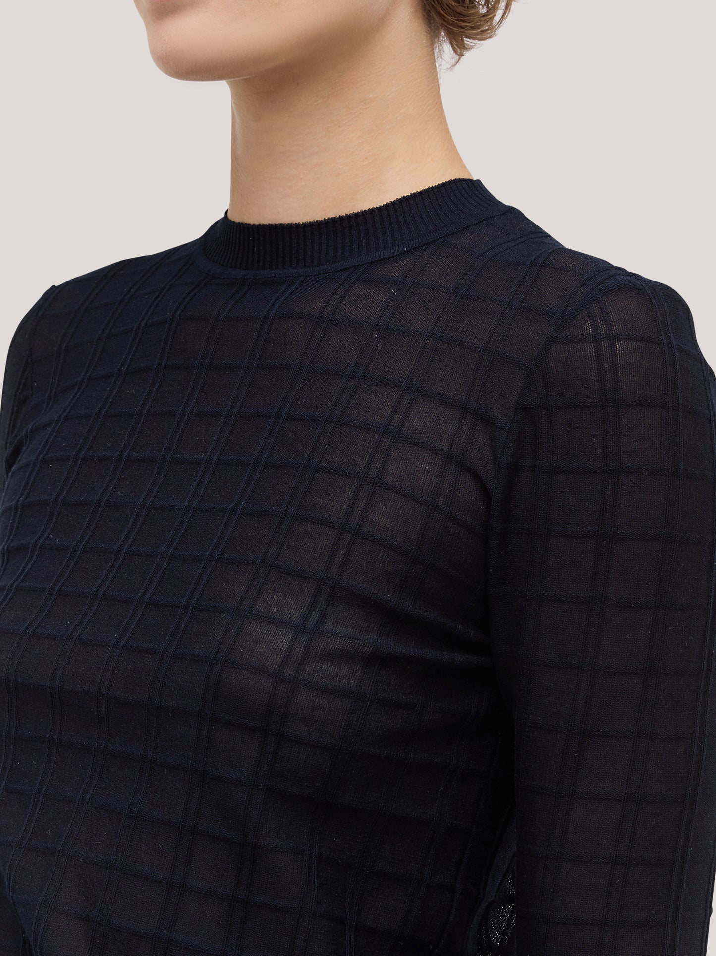 Maglia girocollo a manica lunga in cotone con quadrillage trasparente blu navy 260w06_ss262c_u01blu 72835646980422