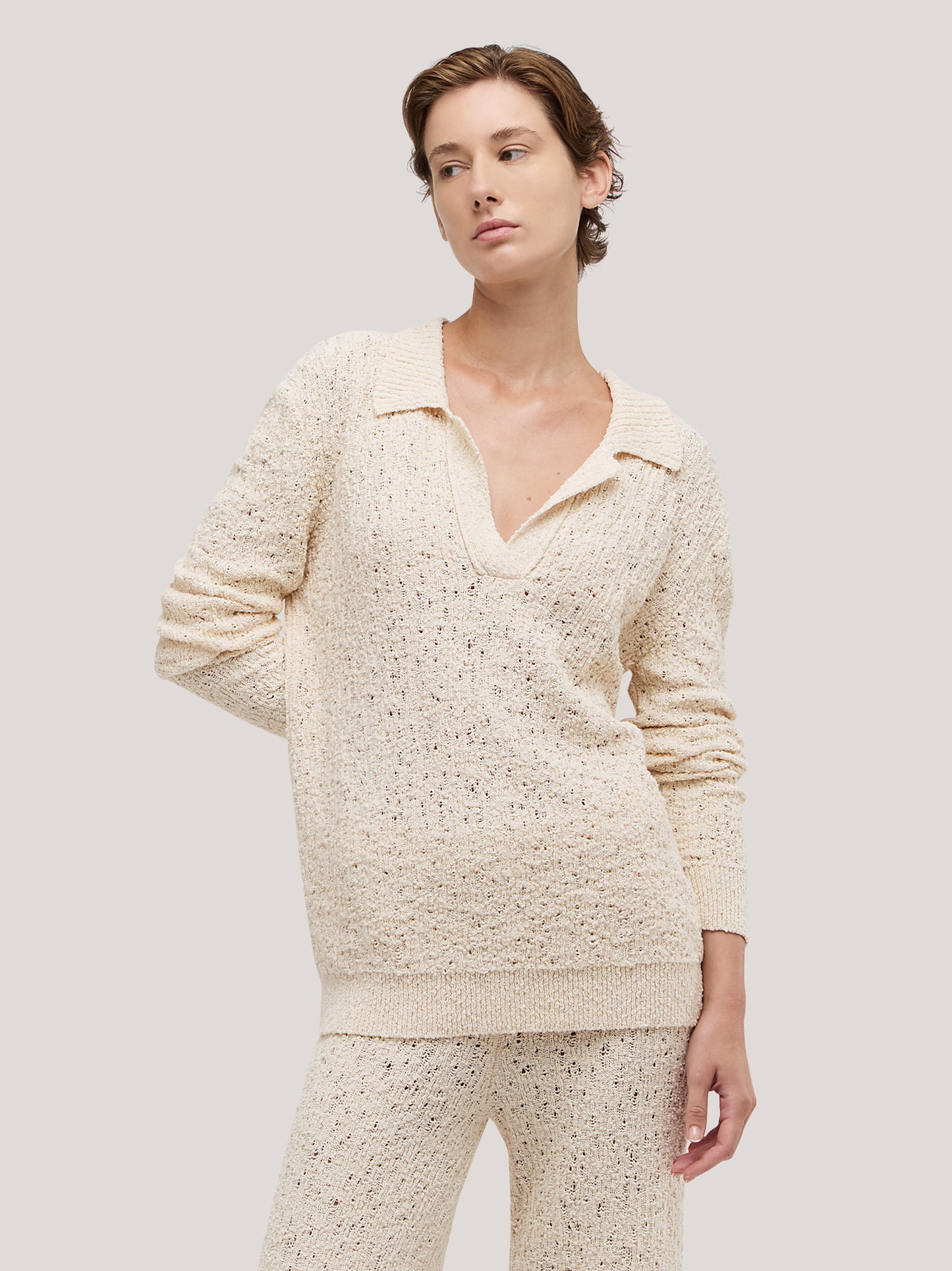 Maglia over a manica lunga con collo polo ampio e punto pizzo panna 260w22_ss262a_486pan 72835800498502