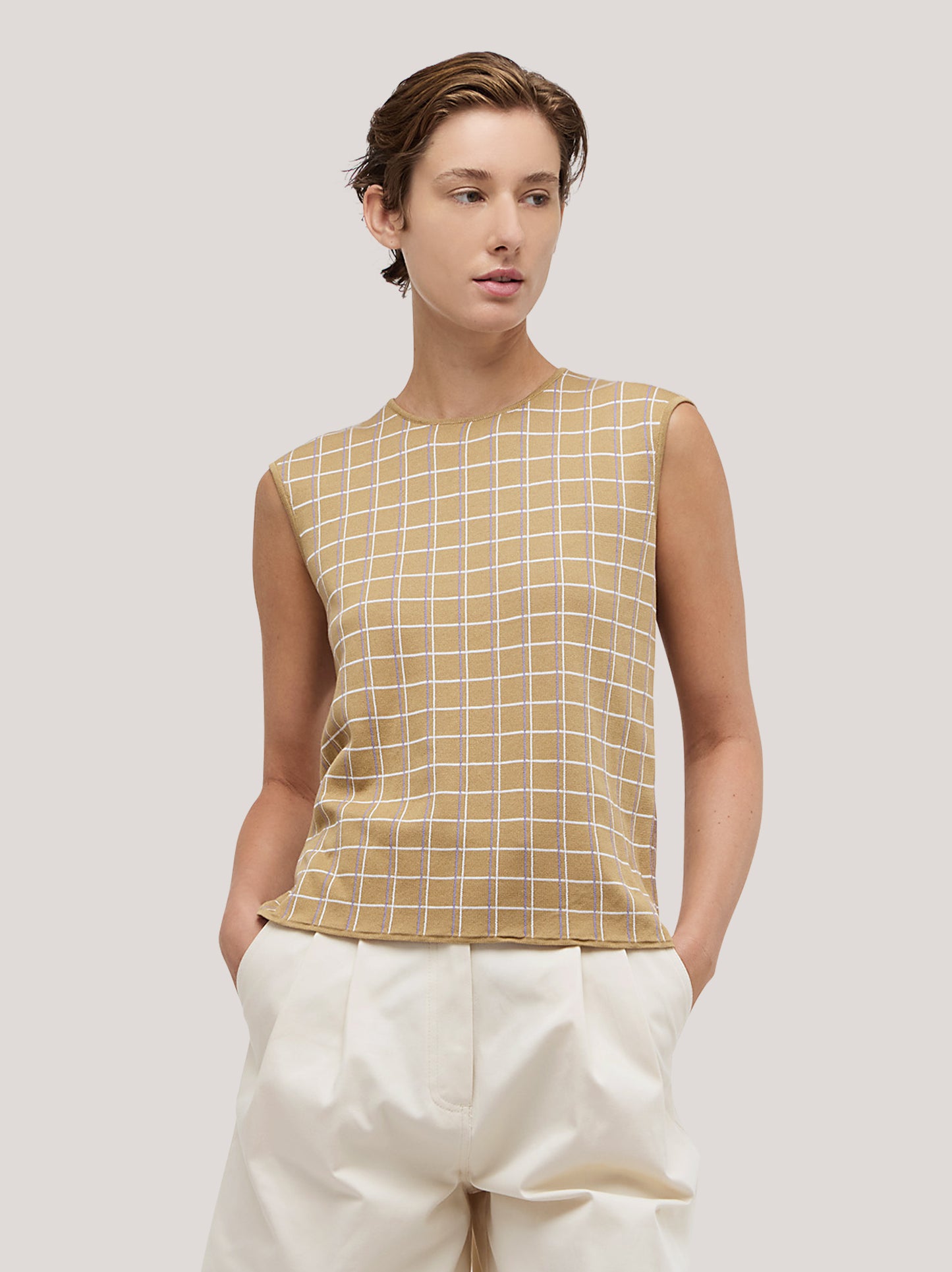 Maglia smanicata a paricollo con motivo quadrillage sable 260w42_ss263b_310sab 72836526604614