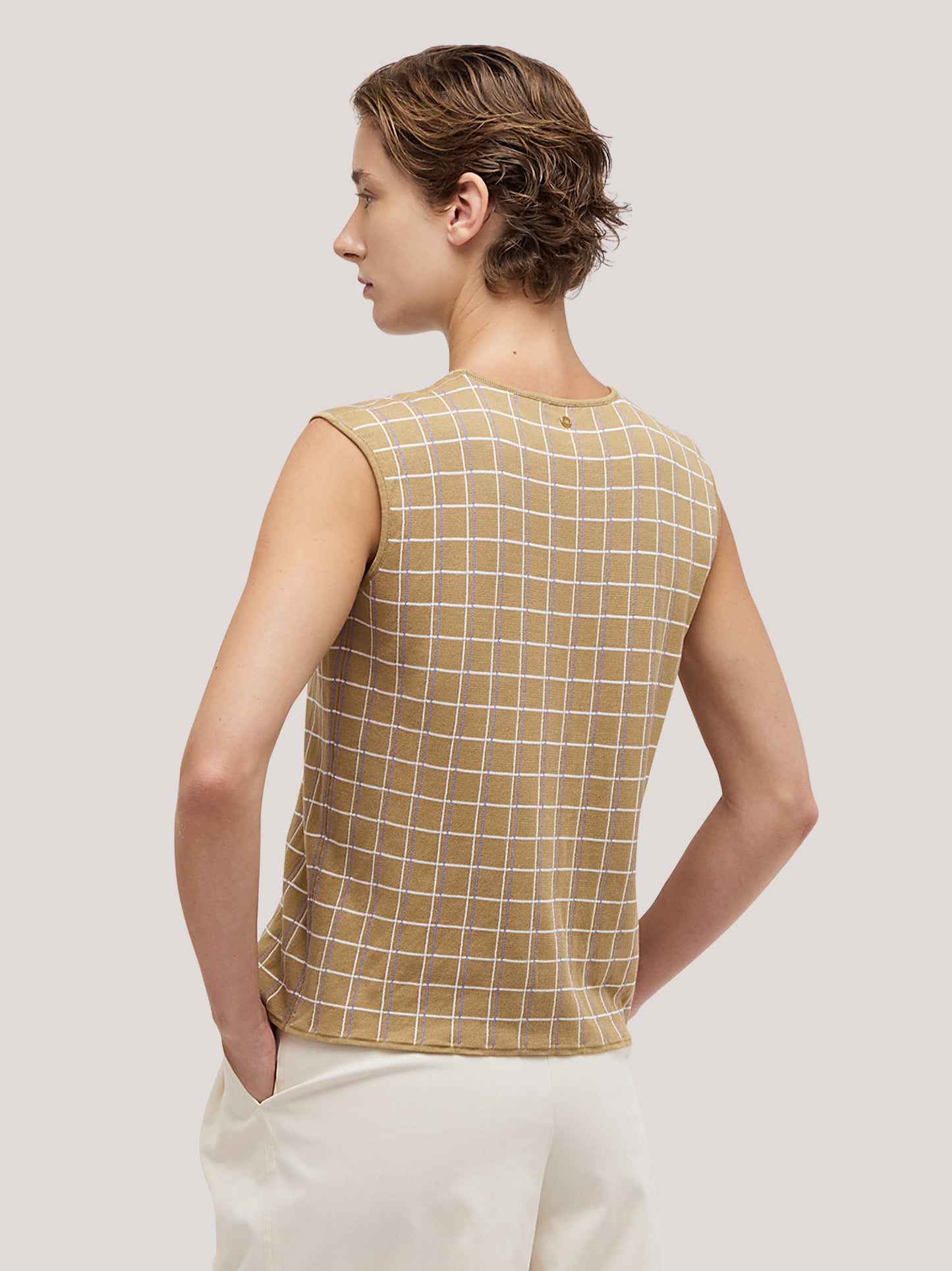 Maglia smanicata a paricollo con motivo quadrillage sable 260w42_ss263b_310sab 72836526637382