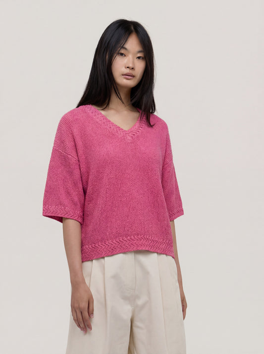 Loose-fit  V-neck sweater in rice stitch fard 260w59_rcapi_687far