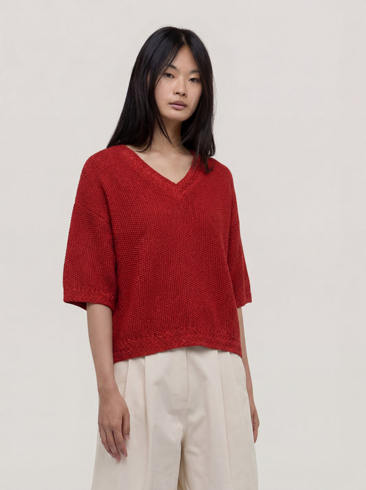 Loose-fit  V-neck sweater in rice stitch mango 260w59_rcapi_837man