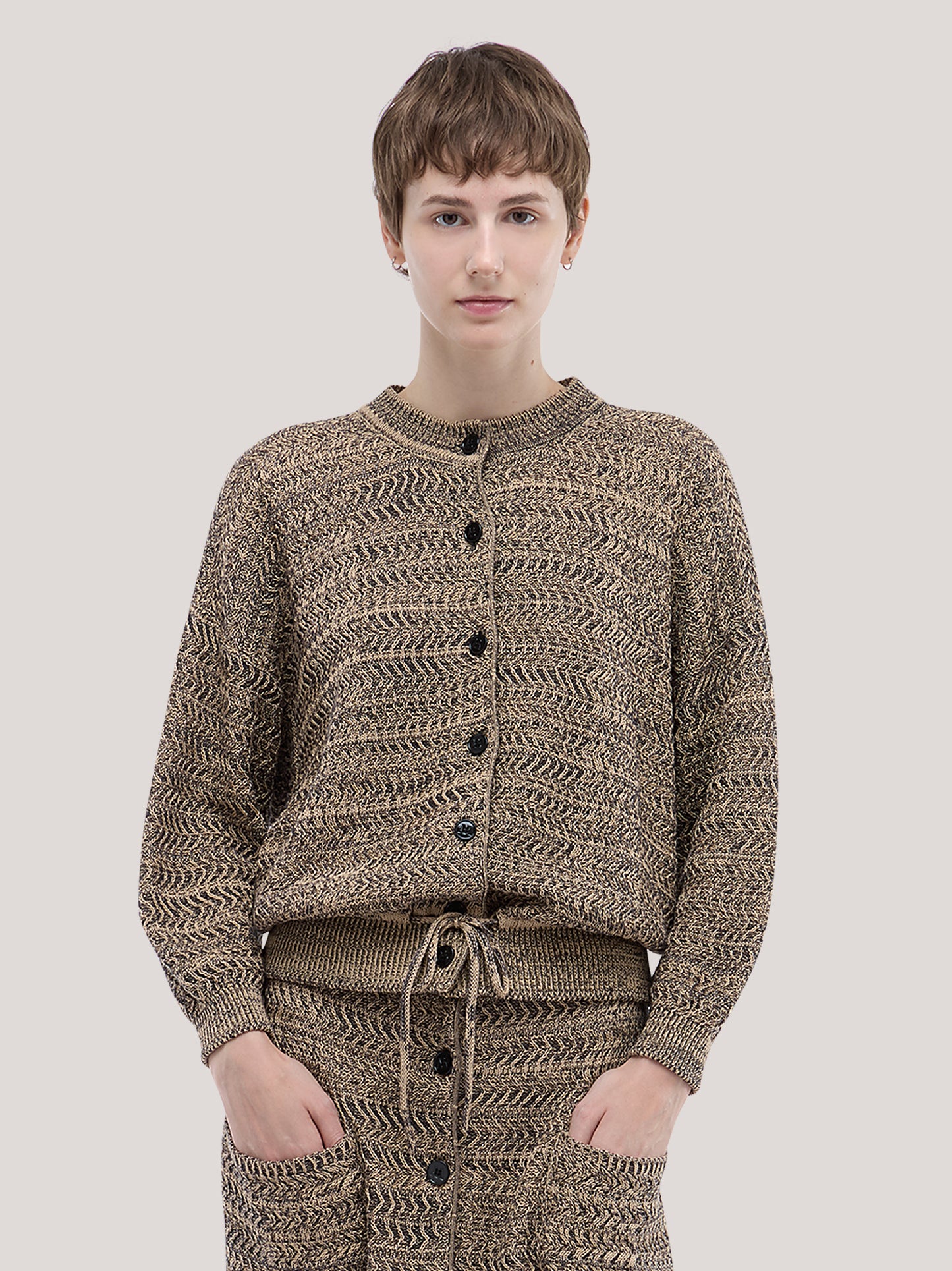 Crew-neck cardigan with drawstring hem, chevron mélange beige 260w62_ss26ch_291bei 71695461253446