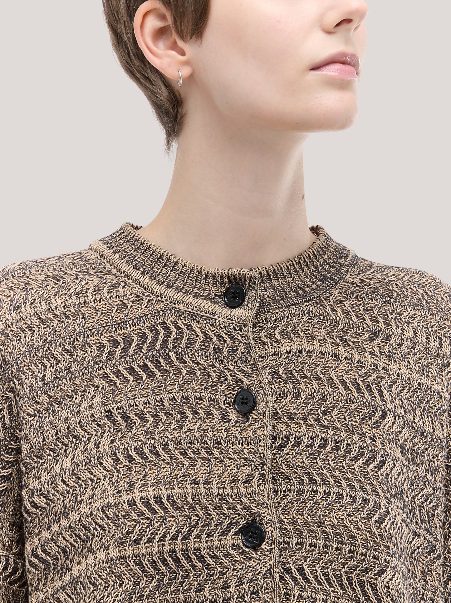 Crew-neck cardigan with drawstring hem, chevron mélange beige 260w62_ss26ch_291bei 71695461318982