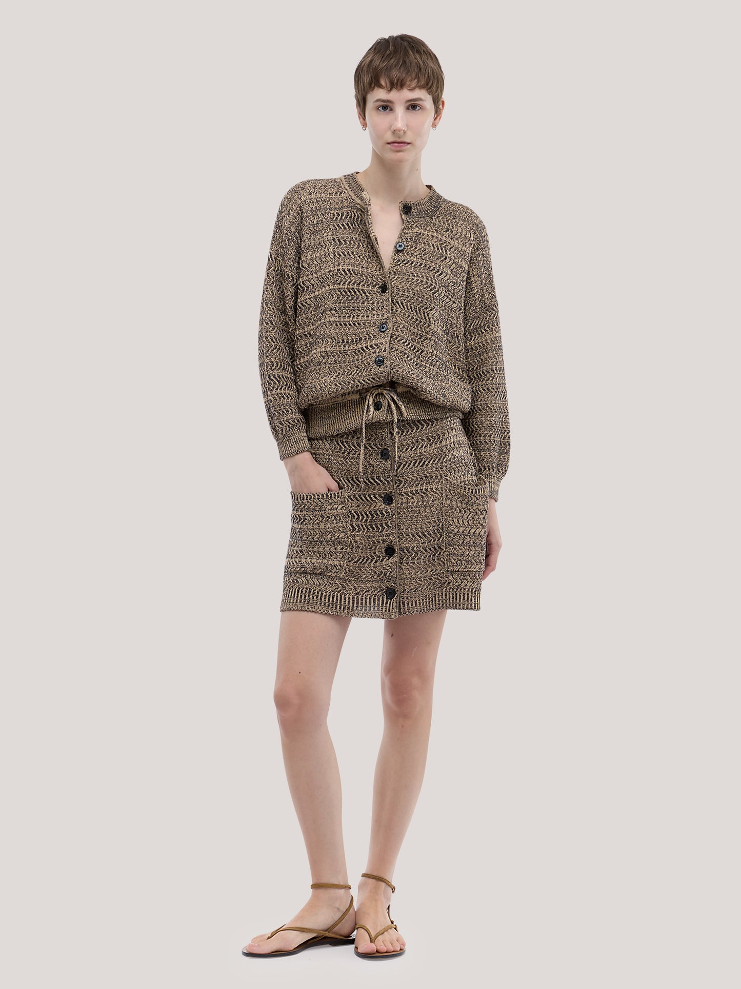 Crew-neck cardigan with drawstring hem, chevron mélange beige 260w62_ss26ch_291bei 71695461220678