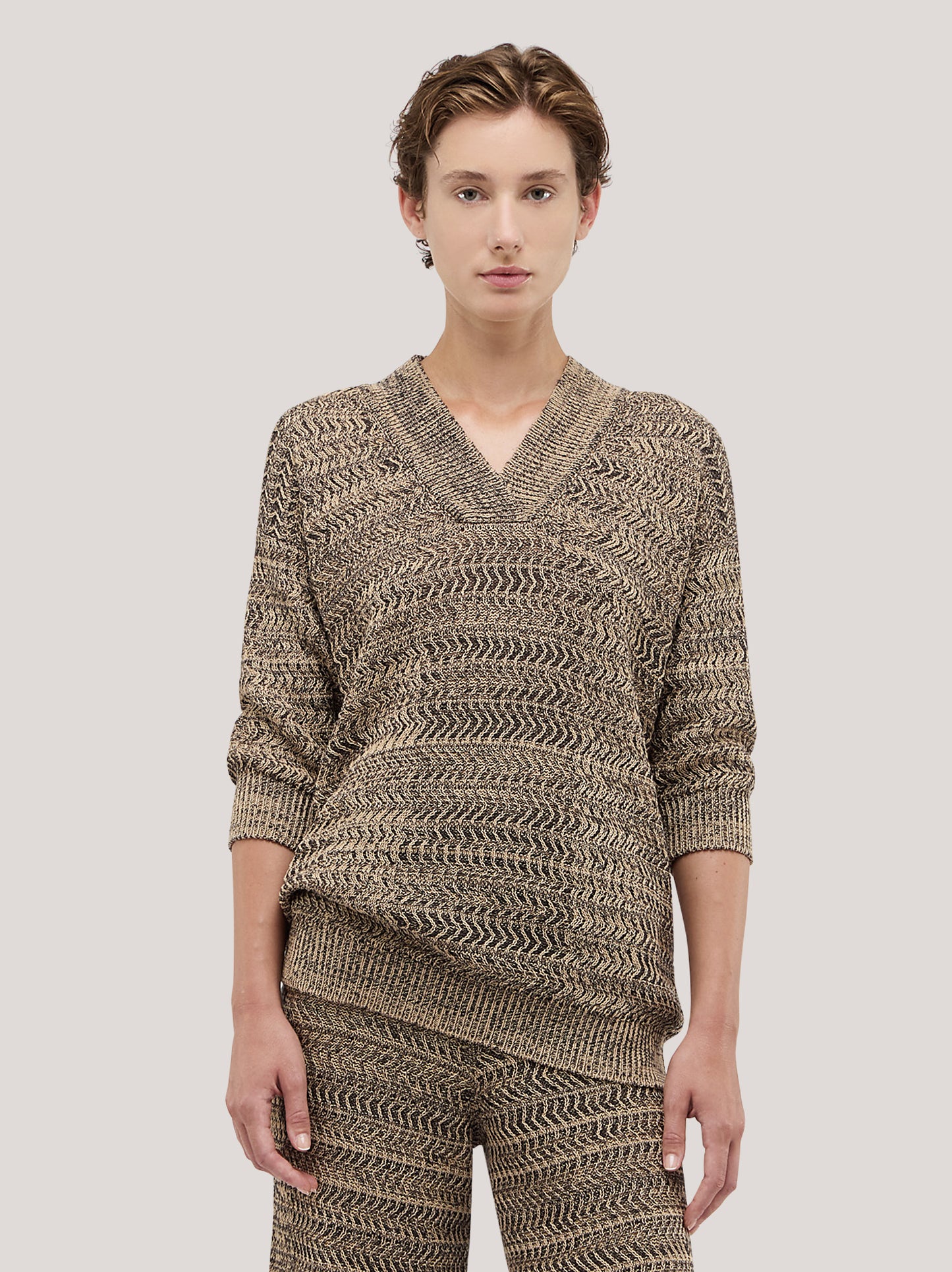 Maglia scollo a V, lavorazione chevron beige variante unica 260w67_ss26ch_291bei 71695561261382