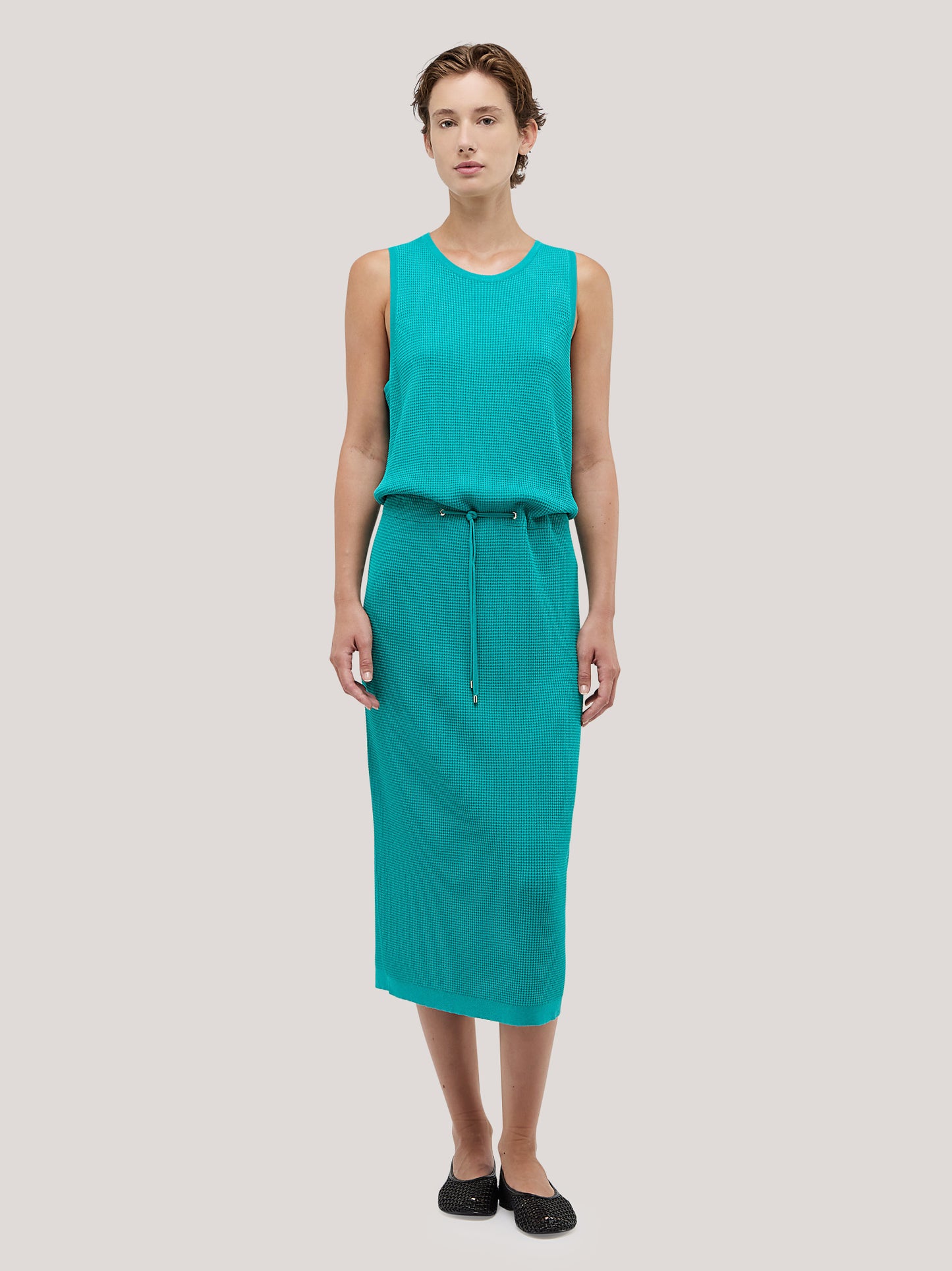 Sleeveless dress with waist drawstring, Rodier stitch petrol 260z31_ss264a_400pet 71770482213190
