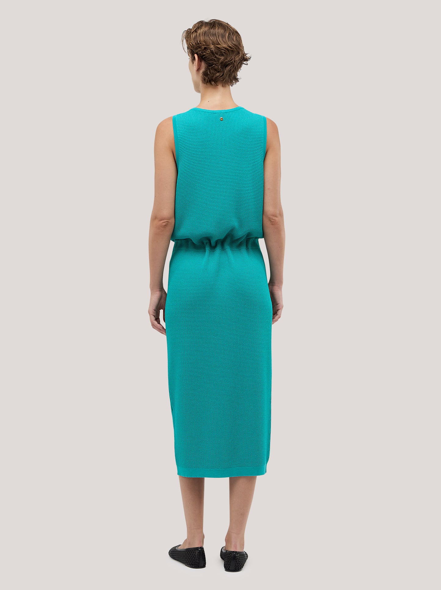 Sleeveless dress with waist drawstring, Rodier stitch petrol 260z31_ss264a_400pet 71770482245958