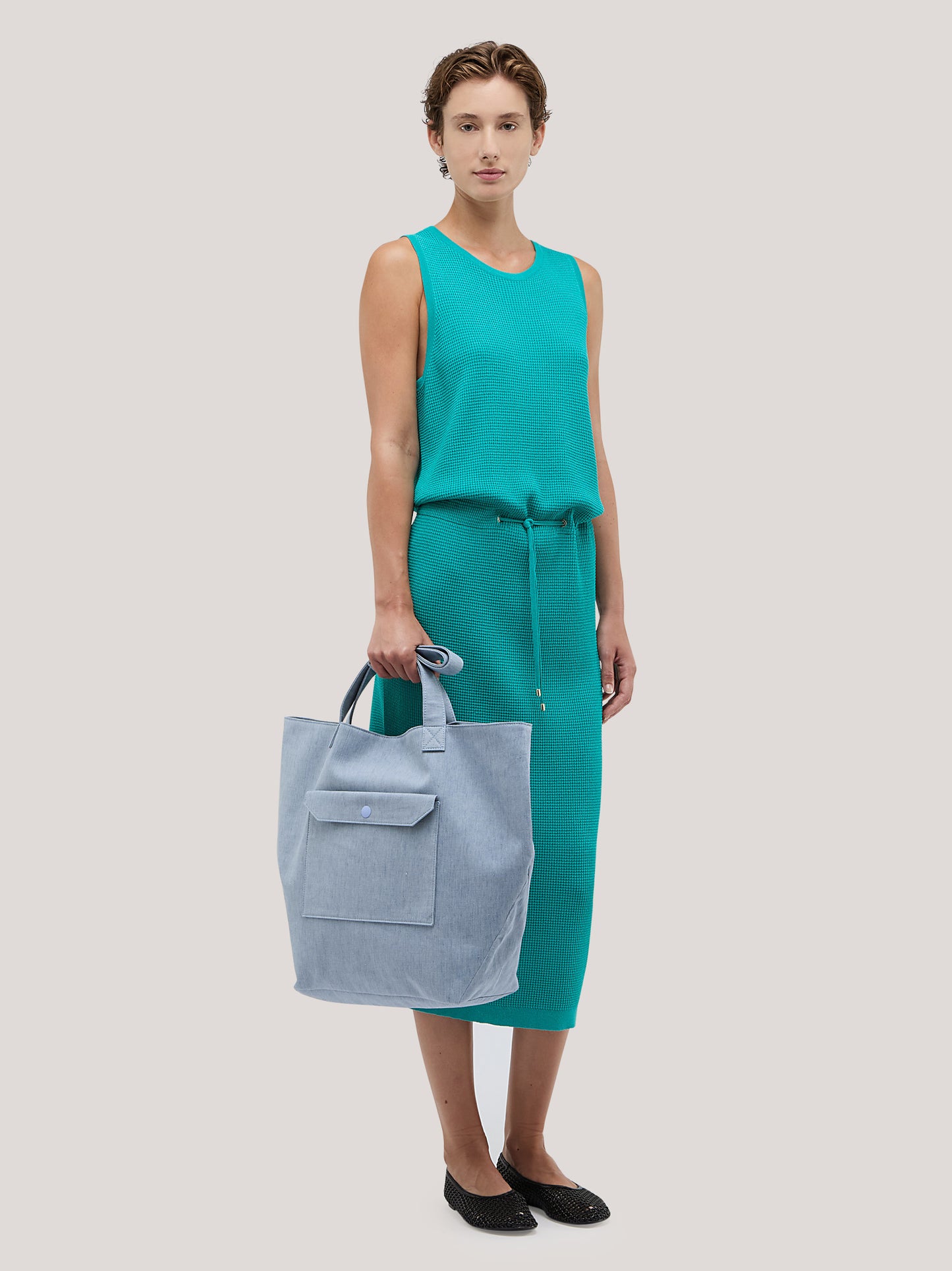 Sleeveless dress with waist drawstring, Rodier stitch petrol 260z31_ss264a_400pet 71770482278726