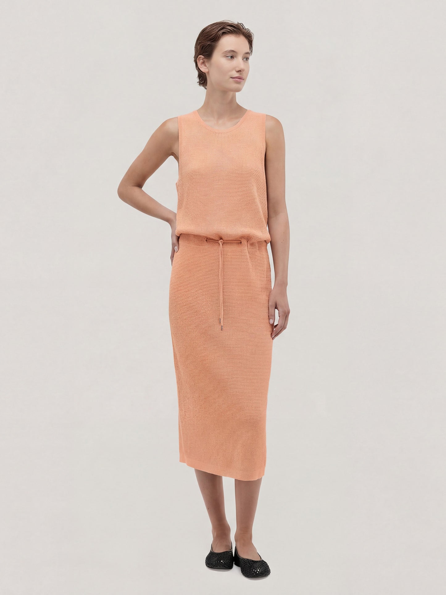 Sleeveless dress with waist drawstring, Rodier stitch sour 260z31_ss264a_888sou 71770546700614