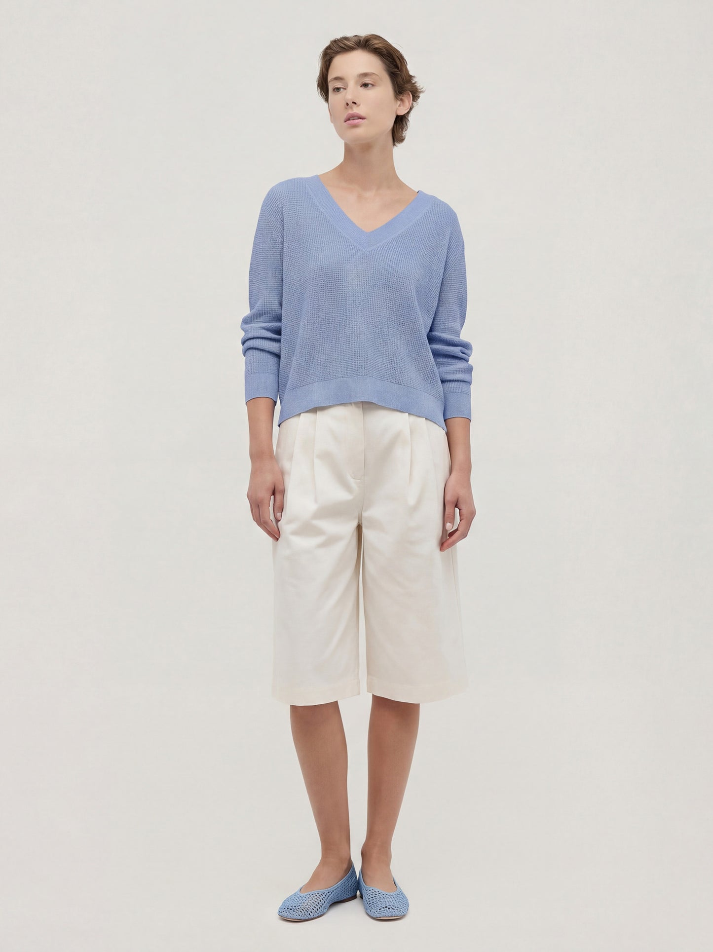 Maglia con scollo V ampio con manica lunga, punto rodier light blue 260z39_ss264a_j33lbl 71770620100934