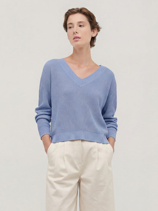 Maglia con scollo V ampio con manica lunga, punto rodier - Maglia con scollo V ampio con manica lunga, punto rodier alt - 002