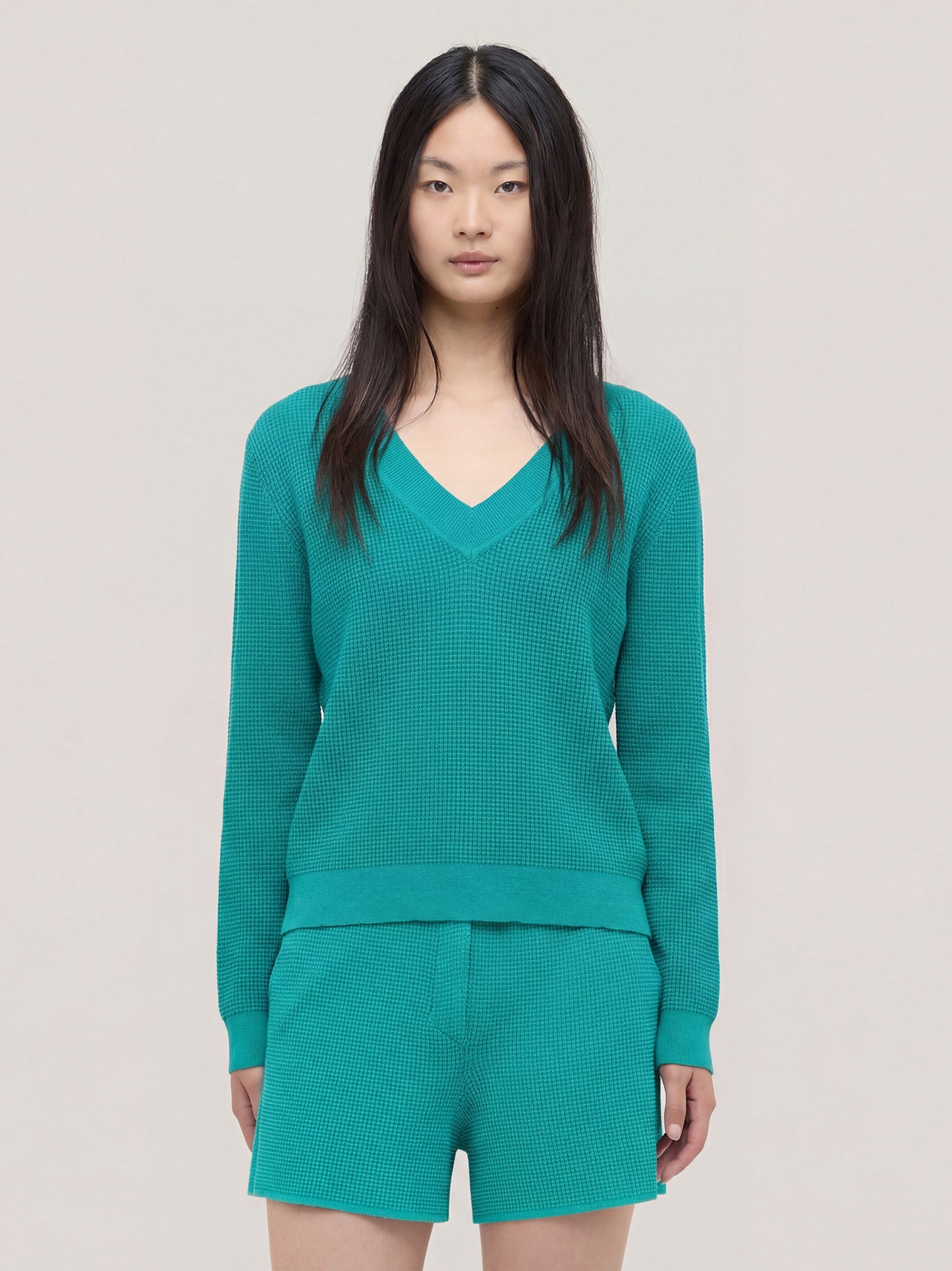 Maglia con scollo V ampio con manica lunga, punto rodier petrolio 260z39_ss264a_400pet 71770600603974