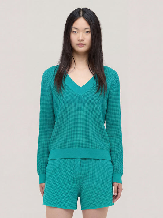 Maglia con scollo V ampio con manica lunga, punto rodier - Maglia con scollo V ampio con manica lunga, punto rodier alt - 002