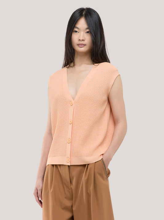 Maglia cardigan smanicato, punto rodier - Maglia cardigan smanicato, punto rodier alt - 002