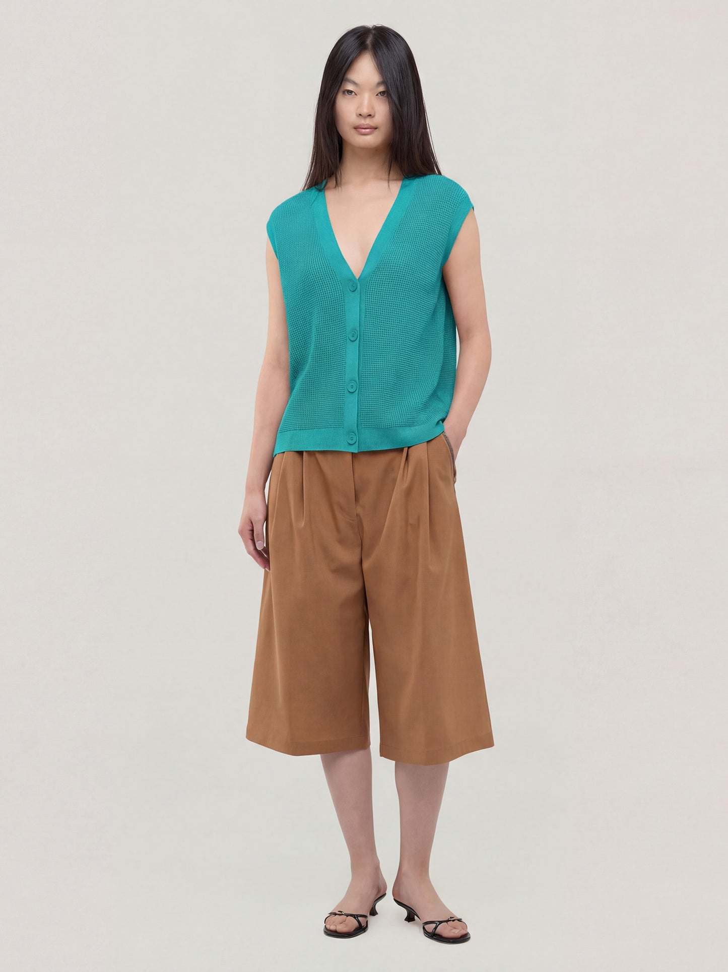 Maglia cardigan smanicato, punto rodier petrolio 260z40_ss264a_400pet 71770695696710