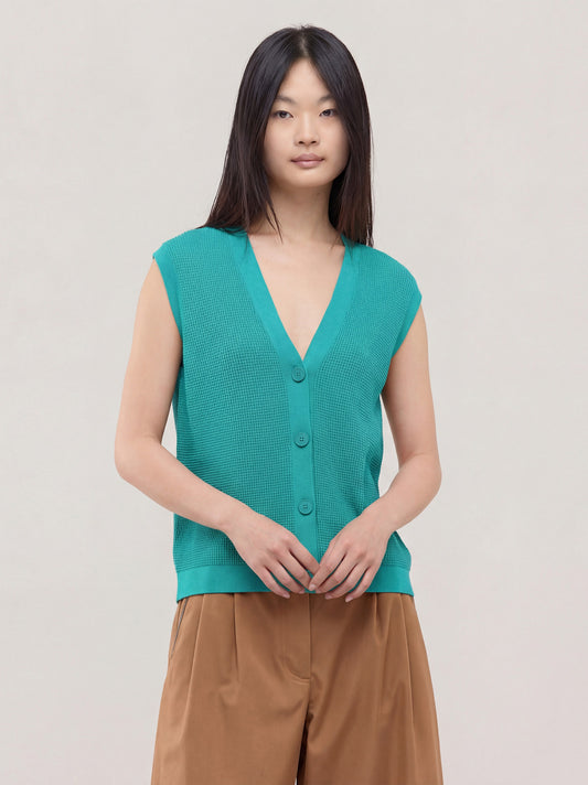 Maglia cardigan smanicato, punto rodier - Maglia cardigan smanicato, punto rodier alt - 002