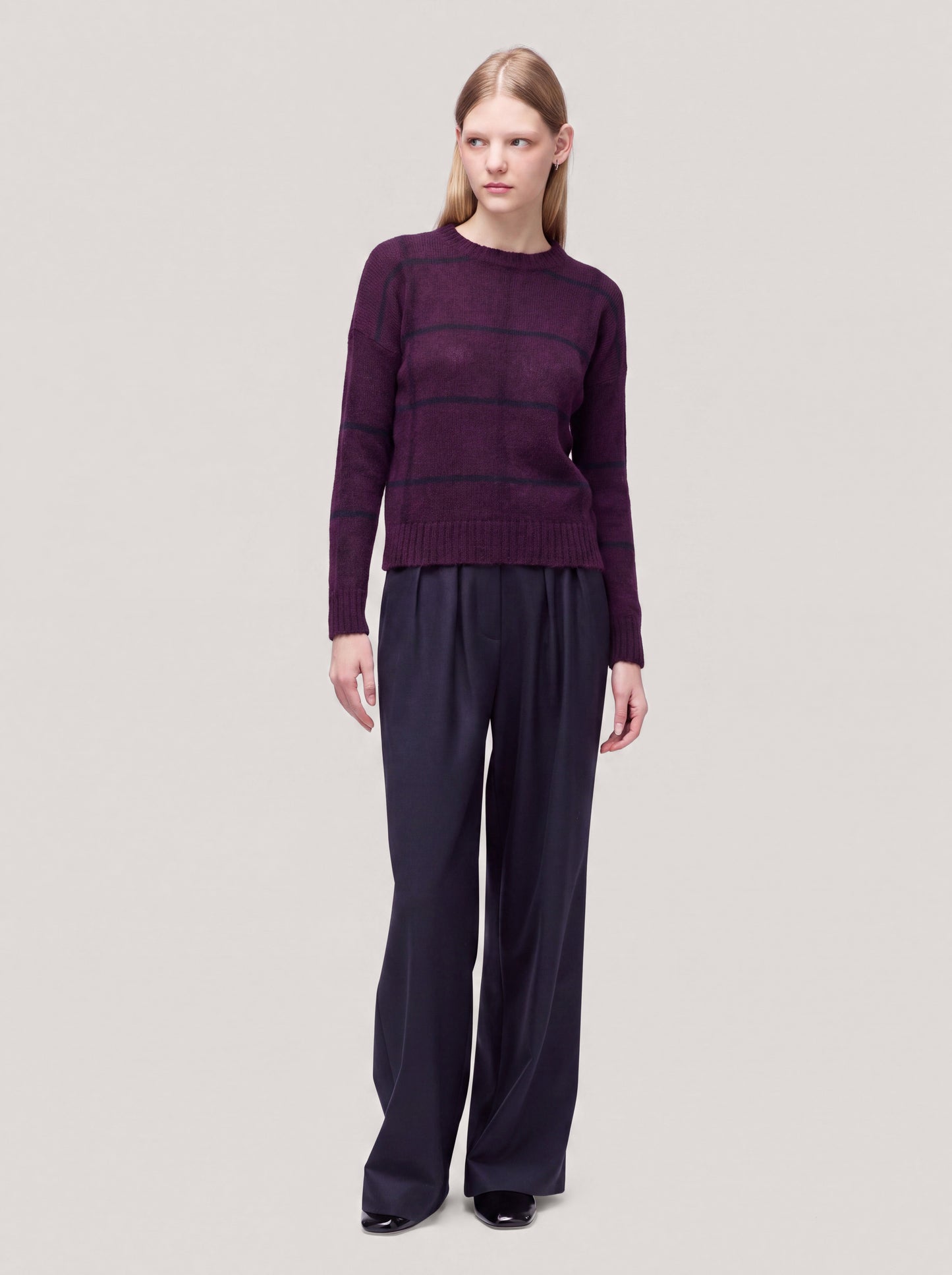 Long-sleeved crew-neck tartan color-block sweater dark grape 260n32_fw2615_489dgr 75188142506310