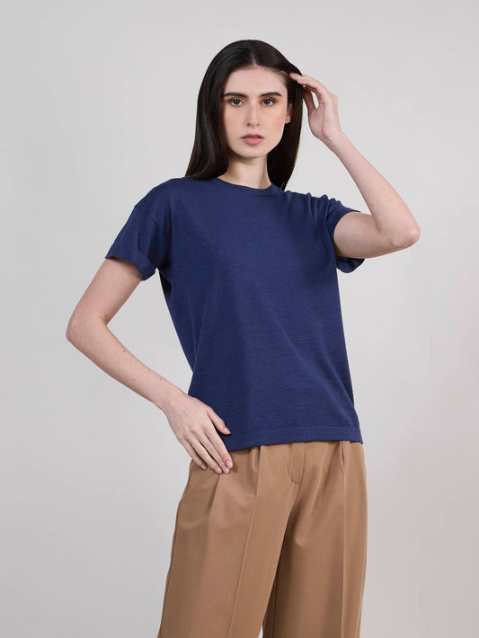 Short-sleeved sweater in wool, silk and cashmere blu ocean 550t01_woseca_255oce